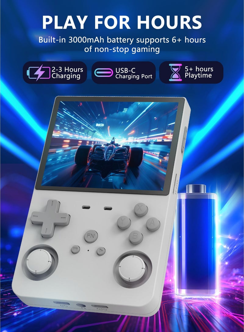 هواو جي وحدة تحكم ألعاب يدوية قديمة R36S، شاشة IPS بحجم 3.5 بوصة، L35 مع بطاقة 64 جيجابايت محملة مسبقاً بـ 10000 لعبة، تدعم أكثر من 20 نوعاً من تنسيقات الألعاب، مع بطارية بقدرة 3000 مللي أمبير توفر من 6 إلى 8 ساعات من عمر البطارية باللون الأبيض - Image 5