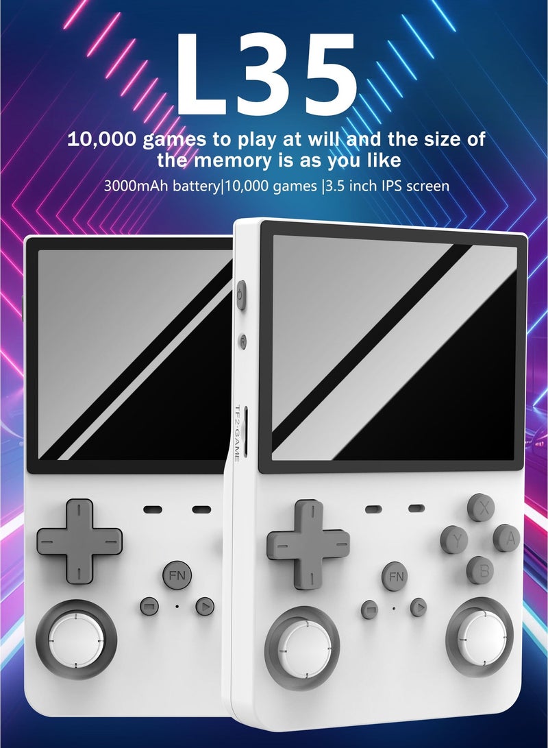 هواو جي وحدة تحكم ألعاب يدوية قديمة R36S، شاشة IPS بحجم 3.5 بوصة، L35 مع بطاقة 64 جيجابايت محملة مسبقاً بـ 10000 لعبة، تدعم أكثر من 20 نوعاً من تنسيقات الألعاب، مع بطارية بقدرة 3000 مللي أمبير توفر من 6 إلى 8 ساعات من عمر البطارية باللون الأبيض - Image 2