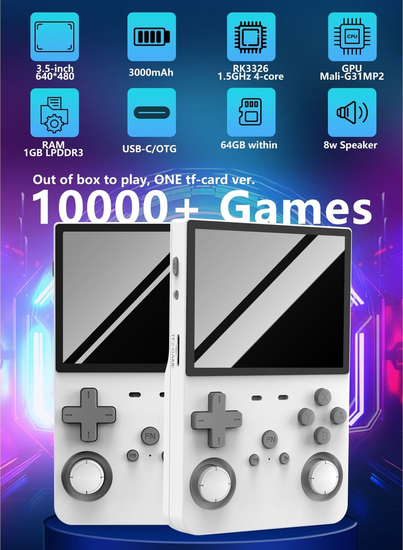 هواو جي وحدة تحكم ألعاب يدوية قديمة R36S، شاشة IPS بحجم 3.5 بوصة، L35 مع بطاقة 64 جيجابايت محملة مسبقاً بـ 10000 لعبة، تدعم أكثر من 20 نوعاً من تنسيقات الألعاب، مع بطارية بقدرة 3000 مللي أمبير توفر من 6 إلى 8 ساعات من عمر البطارية باللون الأبيض - Image 4