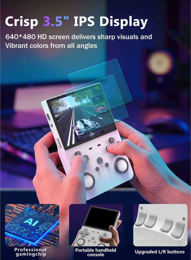 هواو جي وحدة تحكم ألعاب يدوية قديمة R36S، شاشة IPS بحجم 3.5 بوصة، L35 مع بطاقة 64 جيجابايت محملة مسبقاً بـ 10000 لعبة، تدعم أكثر من 20 نوعاً من تنسيقات الألعاب، مع بطارية بقدرة 3000 مللي أمبير توفر من 6 إلى 8 ساعات من عمر البطارية باللون الأبيض - Image 3