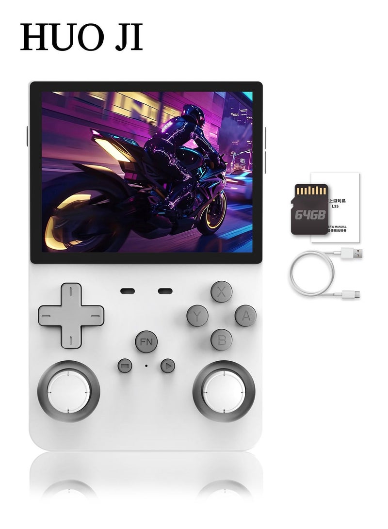 هواو جي وحدة تحكم ألعاب يدوية قديمة R36S، شاشة IPS بحجم 3.5 بوصة، L35 مع بطاقة 64 جيجابايت محملة مسبقاً بـ 10000 لعبة، تدعم أكثر من 20 نوعاً من تنسيقات الألعاب، مع بطارية بقدرة 3000 مللي أمبير توفر من 6 إلى 8 ساعات من عمر البطارية باللون الأبيض - Image 1