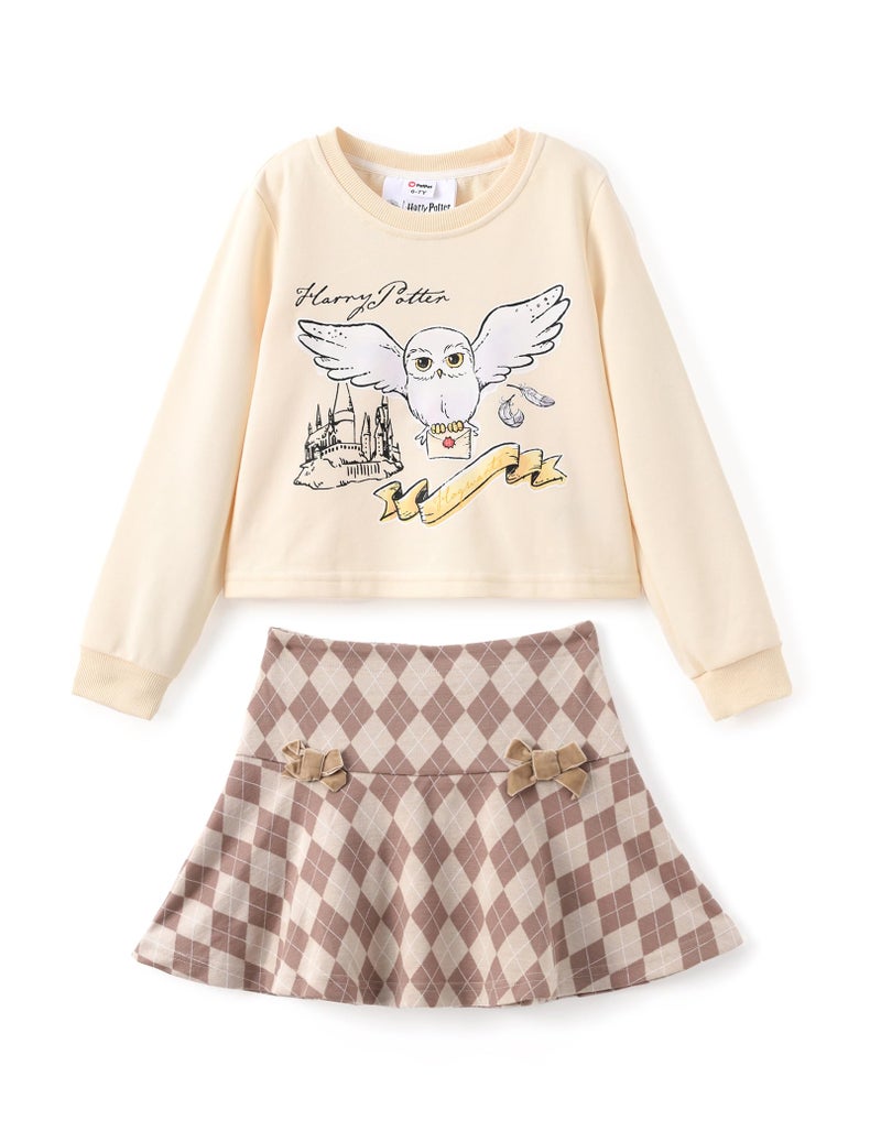 HARRY POTTER Girls Clothes Hogwarts Hufflepuff Hedwig Owl Sweatshirts and Plaid Skirt Clothing Sets Outfits Khaki for Birthday Party Size 8-9Y - Image 1