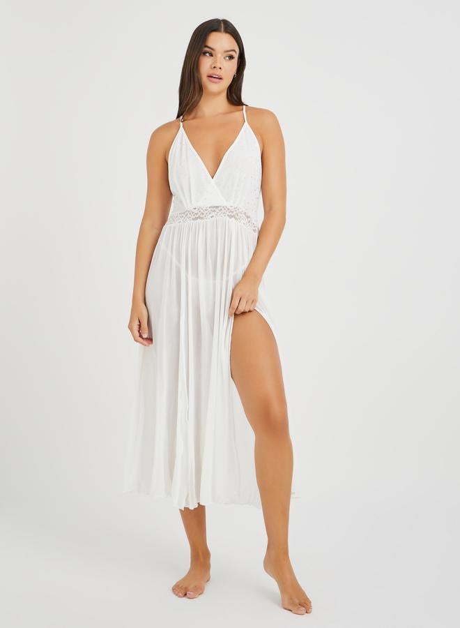 Styli Sequin Detail High Slit Mesh Slip Dress with Briefs - Image 2