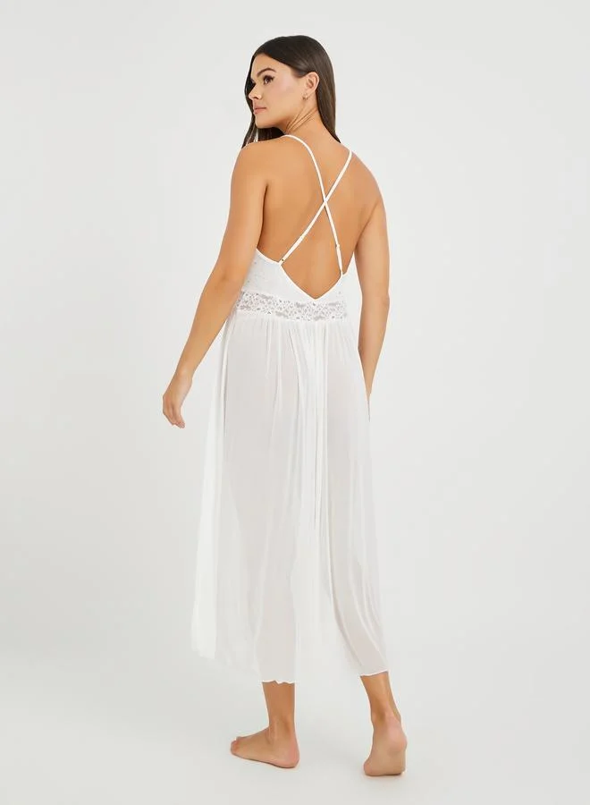 Styli Styli Sequin Detail High Slit Mesh Slip Dress with Briefs