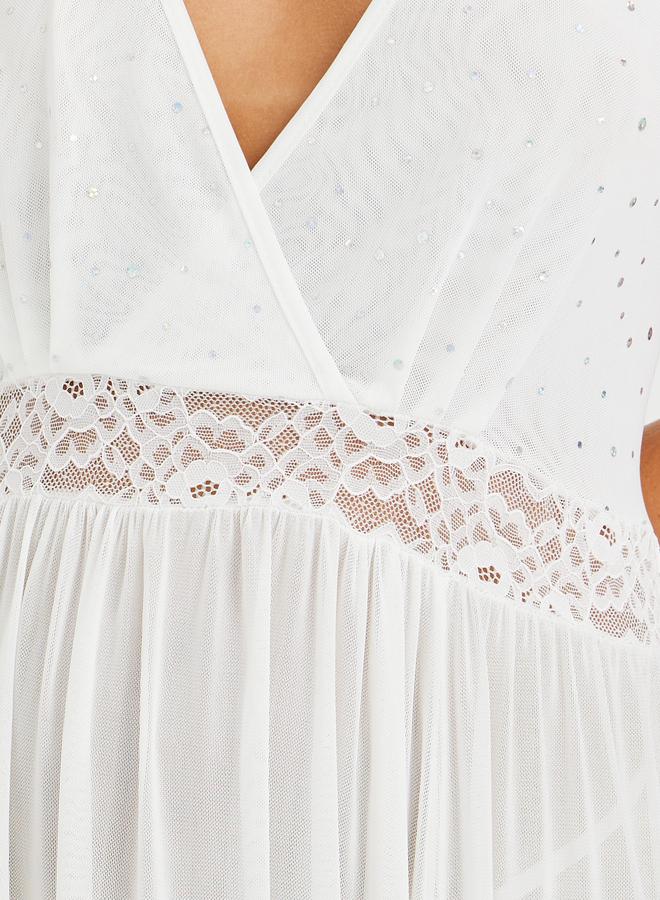 Styli Sequin Detail High Slit Mesh Slip Dress with Briefs - Image 3