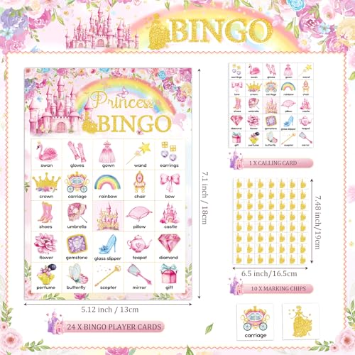 Shappy 35 Pcs Floral Princess Bingo 24 Players Princess Party Games Pink Gold Castle Crown Carriage Bingo Games for Birthday Party Favors Supplies - Image 5