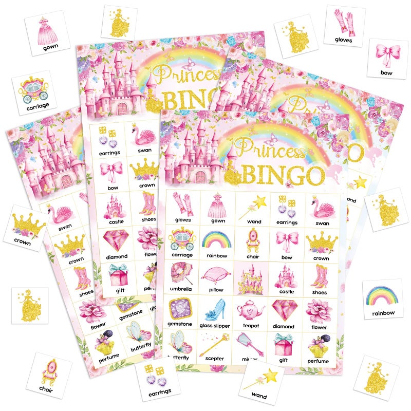 Shappy 35 Pcs Floral Princess Bingo 24 Players Princess Party Games Pink Gold Castle Crown Carriage Bingo Games for Birthday Party Favors Supplies - Image 3
