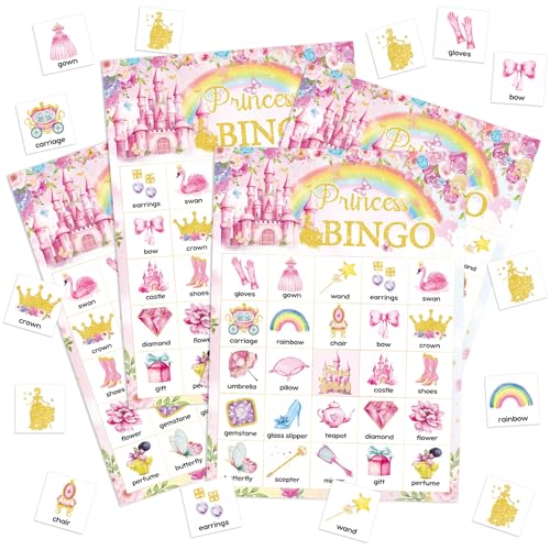 Shappy 35 Pcs Floral Princess Bingo 24 Players Princess Party Games Pink Gold Castle Crown Carriage Bingo Games for Birthday Party Favors Supplies - Image 1