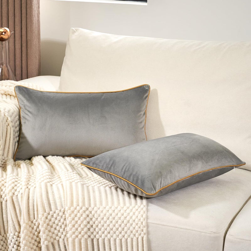 Aeckself Pack of 2 Luxury Velvet Gray Lumbar Pillow Covers 12 x 20 Inch Modern Decorative Pillowcase with Gold Trim Edge Comfortable Soft Solid Cushion Case for Couch Bedroom Living Room