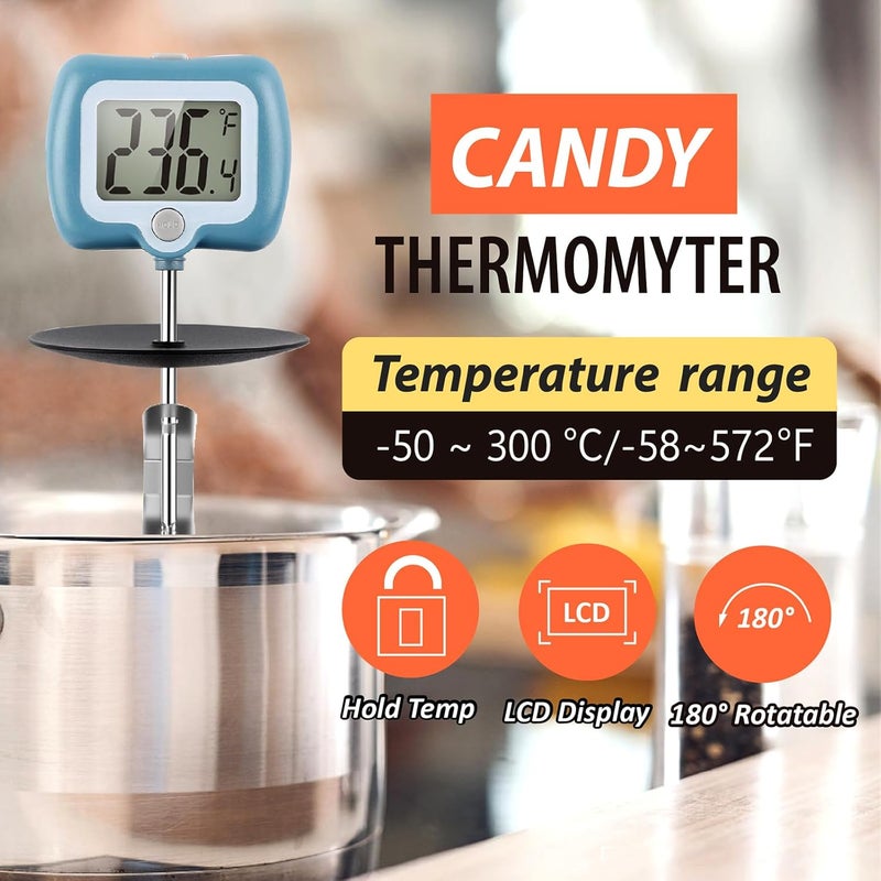 KT THERMO Digital Candy Thermometer with Adjustable Display, 304 Stainless Steel Probe, -58°F~572°F, Includes 2 Pot Clips & Heat-Insulating Pad for Sugar Syrup, Jam, Chocolate, Frying Oil (Blue) - Image 2