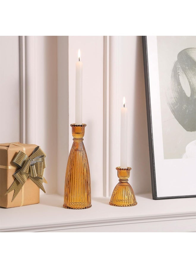 DUNISO 3 Pcs Amber Glass Candlestick Holders,Tall Taper Candle Holders with Vintage Design, Candle Stick Holders in Bulk for Wedding Celebration Tables, Anniversary Dinner Gatherings, Sophisticated Dining Room Displays and Any Special Occasion Decor - Image 5
