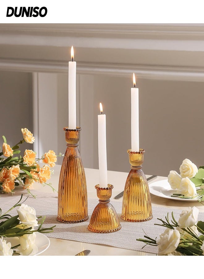 DUNISO 3 Pcs Amber Glass Candlestick Holders,Tall Taper Candle Holders with Vintage Design, Candle Stick Holders in Bulk for Wedding Celebration Tables, Anniversary Dinner Gatherings, Sophisticated Dining Room Displays and Any Special Occasion Decor - Image 1