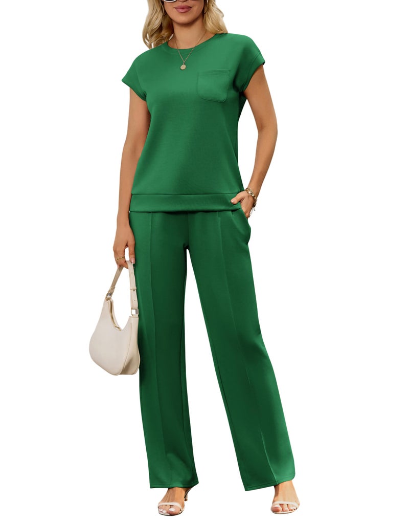 difficort Lounge Sets for Women 2 Piece Outfits Summer Cap Sleeve Tops Wide Leg Long Pants Going Out Casual Outfits Vacation Travel Matching Tracksuit Set,Green,Large - Image 1