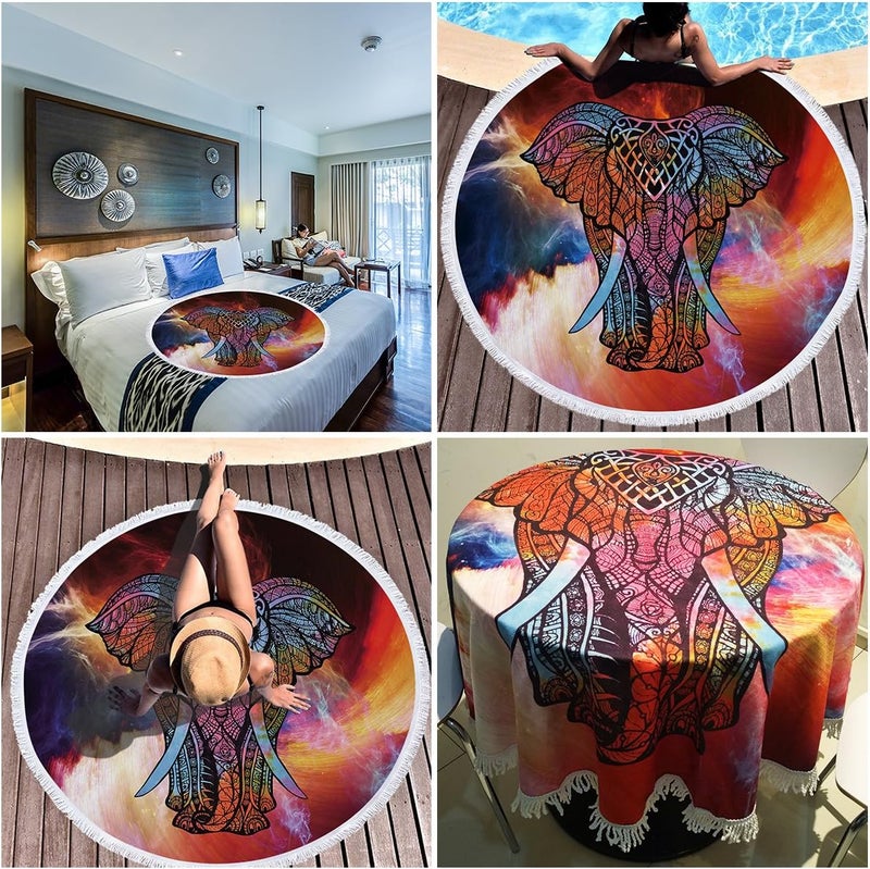 Violet Mist Mandala Round Beach Towel Soft Microfiber Thick Large Tapestry Table Cloths Roundie Beach Blanket Throw Picnic Yoga Mat Terry with Fringe Tassels 59 Inches (Elephant 4) - Image 2
