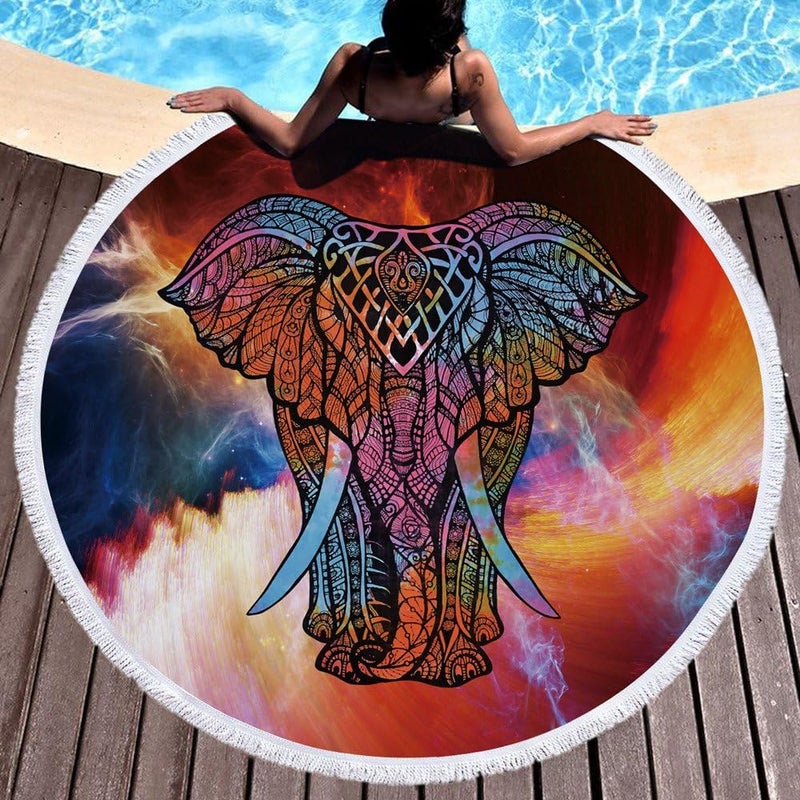 Violet Mist Mandala Round Beach Towel Soft Microfiber Thick Large Tapestry Table Cloths Roundie Beach Blanket Throw Picnic Yoga Mat Terry with Fringe Tassels 59 Inches (Elephant 4) - Image 1