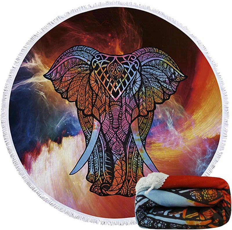 Violet Mist Mandala Round Beach Towel Soft Microfiber Thick Large Tapestry Table Cloths Roundie Beach Blanket Throw Picnic Yoga Mat Terry with Fringe Tassels 59 Inches (Elephant 4) - Image 3