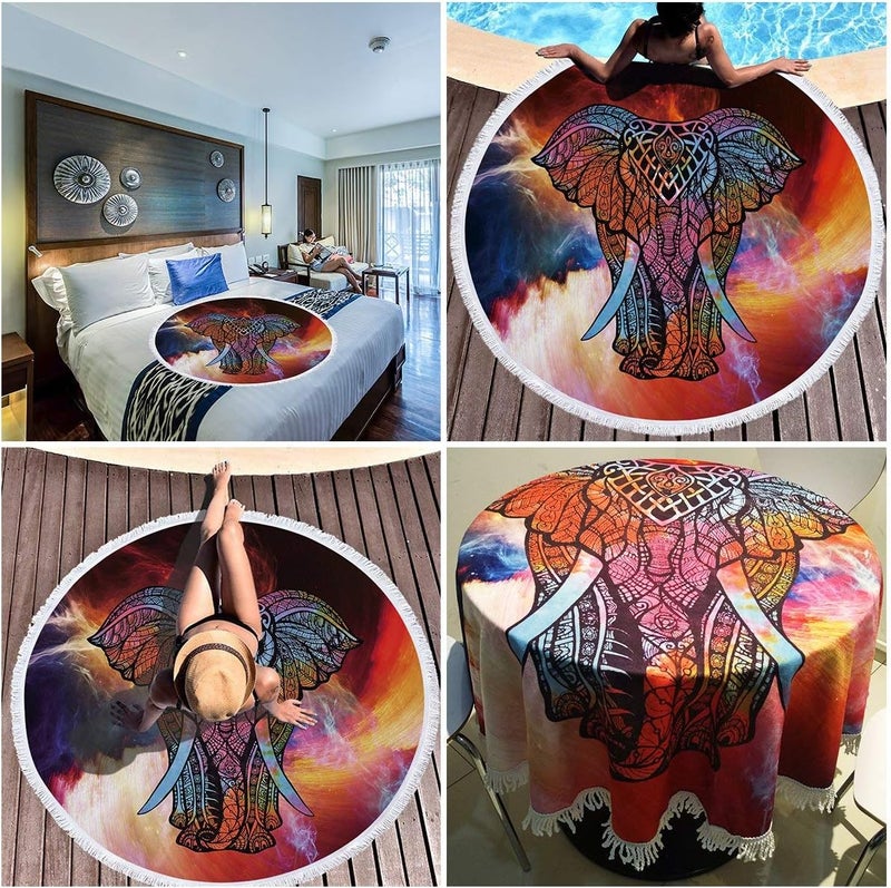 Violet Mist Mandala Round Beach Towel Soft Microfiber Thick Large Tapestry Table Cloths Roundie Beach Blanket Throw Picnic Yoga Mat Terry with Fringe Tassels 59 Inches (Elephant 4) - Image 5