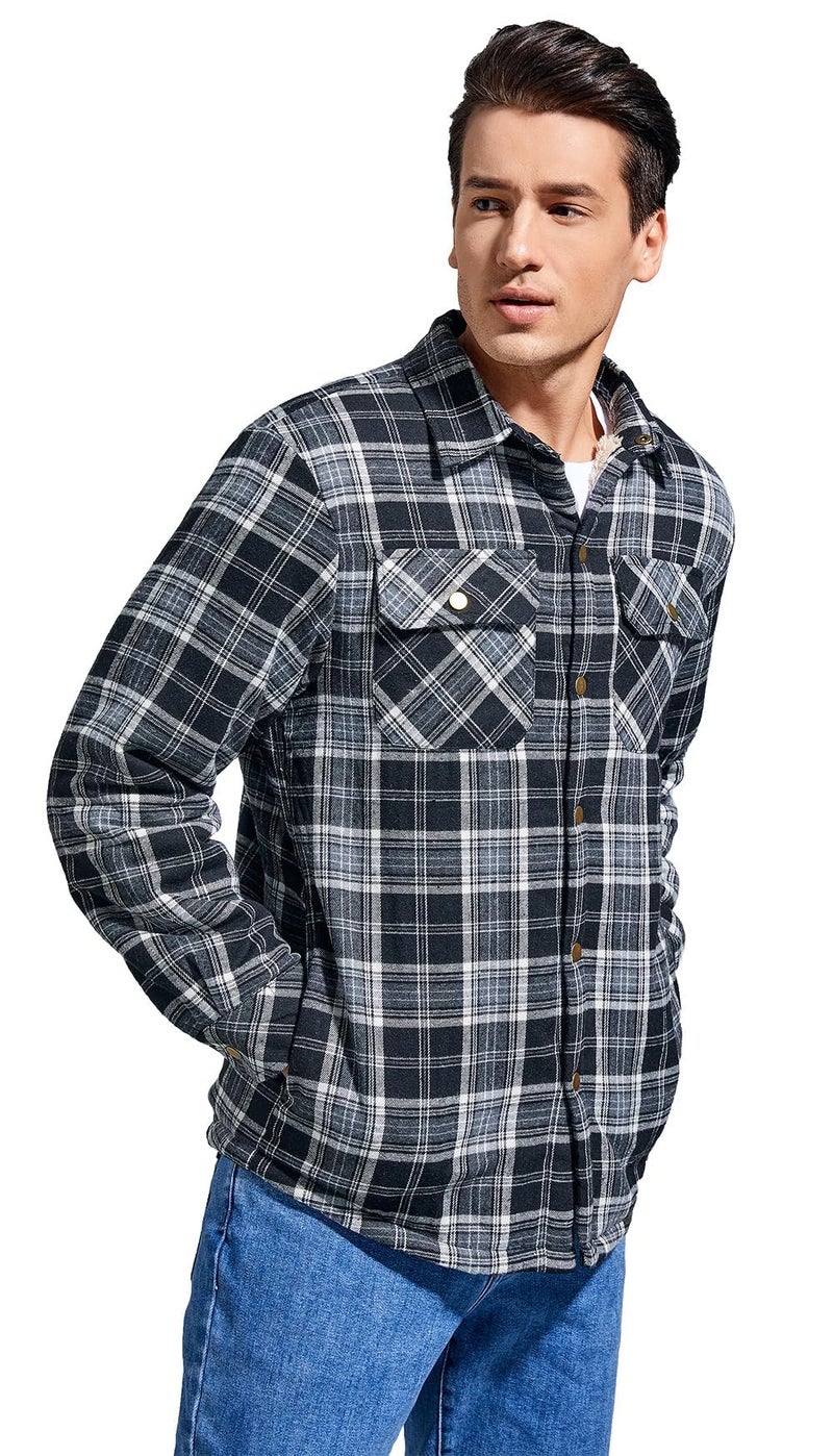Puwasa Men's Fleece Lined Plaid Flannel Shirt Jacket Long Sleeve Button Down Coat for Men Black Large - Image 4