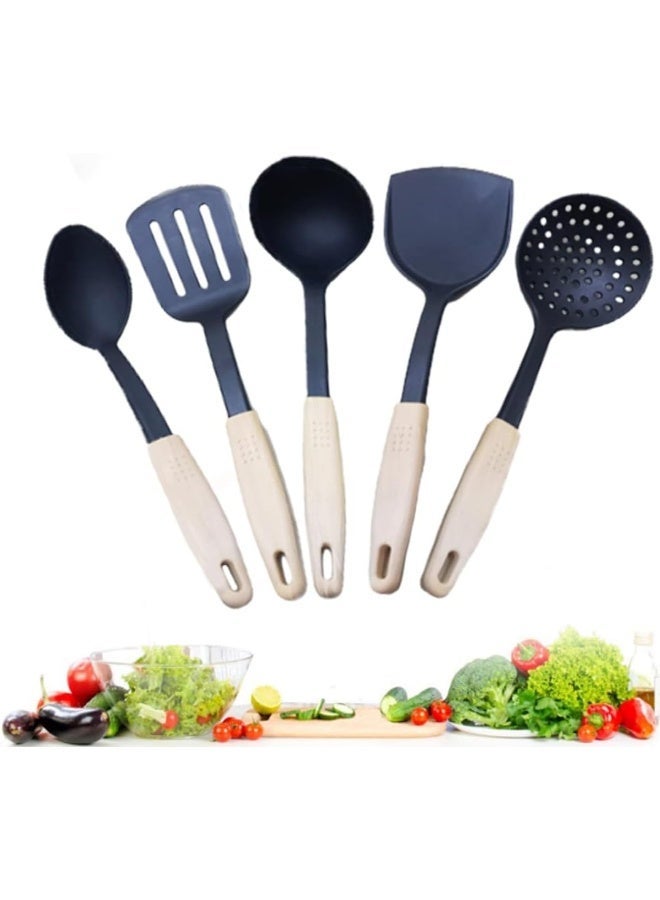 ECVV Kitchen Wok Tool Heavy Duty Wok 5 Pieces Utensils With Handle Heat Resistant For Cooking Black - Image 1
