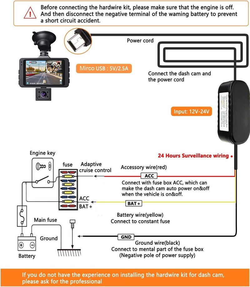 Gebildet Mini USB Port Dash Cam Hardwire Kit for 24H Parking Monitor/Time-Lapse Recording Converts 12V-24V to 5V/2.5A Car Dash Camera Charger Low Voltage Protection, 320cm Cable Kit - Image 3