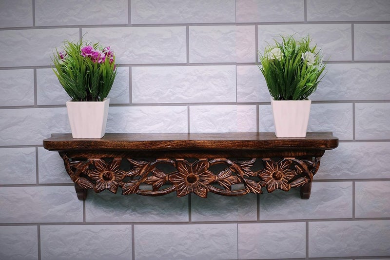 BOGEN LITE Hand Carved Wooden Wall Decor Shelves Brown Lacquered Set of 1 225 x 45 x 5 Inches