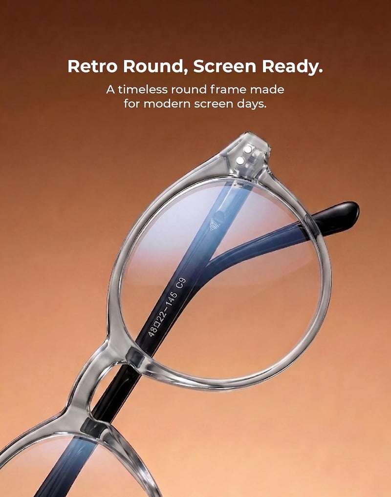 TIJN Multi-goal comprehensive design Blue Light Blocking Glasses Men Women Vintage Thick Round Rim Frame Eyeglasses, 05. Transparent Grey, 48-20-145 Classic trendy design picks - Image 5