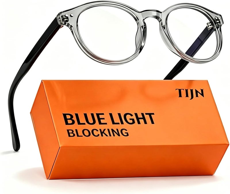 TIJN Multi-goal comprehensive design Blue Light Blocking Glasses Men Women Vintage Thick Round Rim Frame Eyeglasses, 05. Transparent Grey, 48-20-145 Classic trendy design picks - Image 1