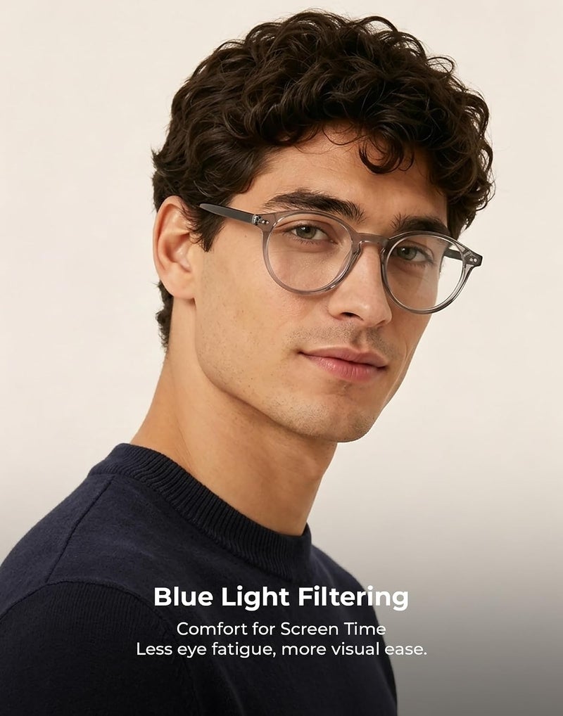 TIJN Multi-goal comprehensive design Blue Light Blocking Glasses Men Women Vintage Thick Round Rim Frame Eyeglasses, 05. Transparent Grey, 48-20-145 Classic trendy design picks - Image 2