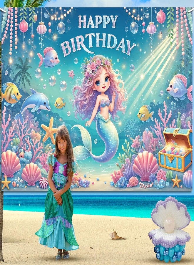 Indotribe Mermaid Birthday Decorations 6x4ft Mermaid Backdrop for Girls Birthday Happy Birthday Banner Girl Under The Sea Mermaid Backdrop for Kids Princess Party Favors - Image 2