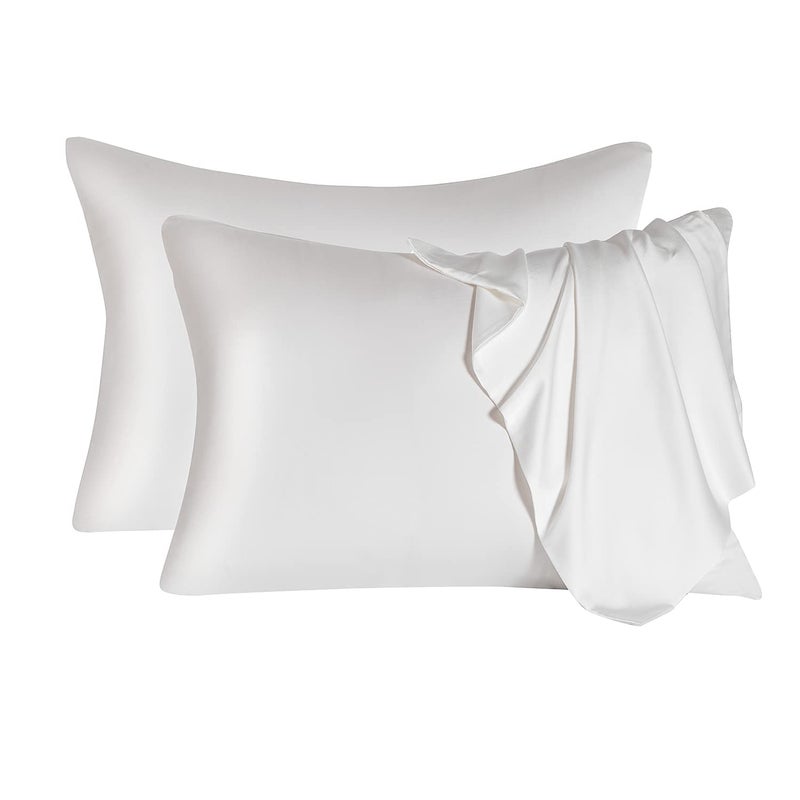 2 Pcs Mulberry Silk Pillowcase for Hair and SkinCooling Silk Pillow Case with Hidden ZipperAllergen Proof Dual Sides Soft Breathable Smooth Silk Pillow Cover for WomenQueen2PCSWhite