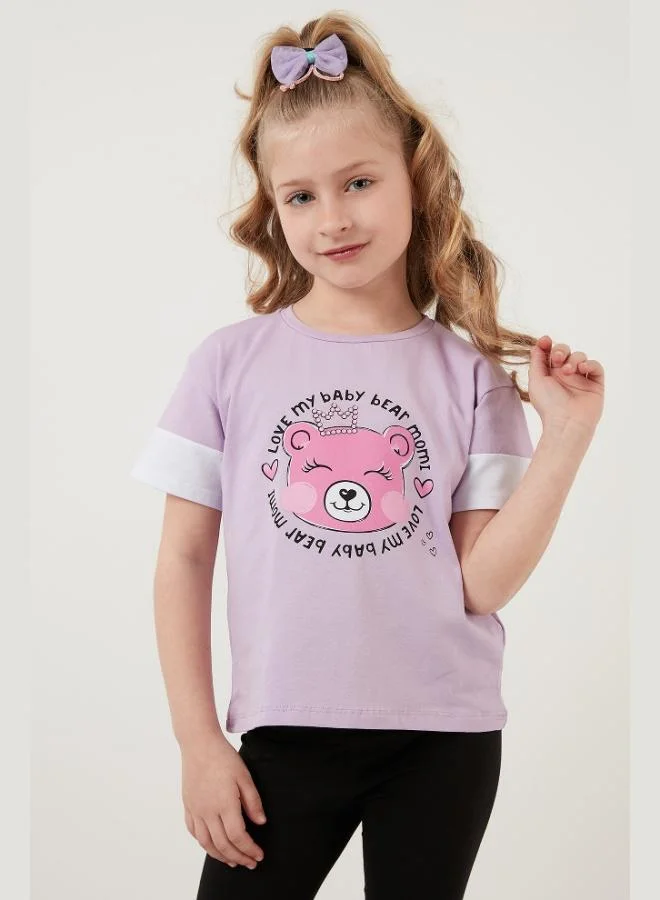 ليلا تيشيرت قطن مطبوع برقبة دائرية للبنات