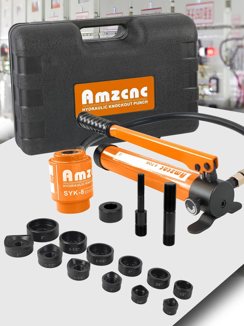 AMZCNC 8 Ton 1/2" to 2" Hydraulic Knockout Punch Driver Tool Kit Electrical Conduit Hole Cutter Set KO Tool Kit with 6 Dies Hole Complete Tool (Knockout Punches) (8T（1/2"~2"）) - Image 1