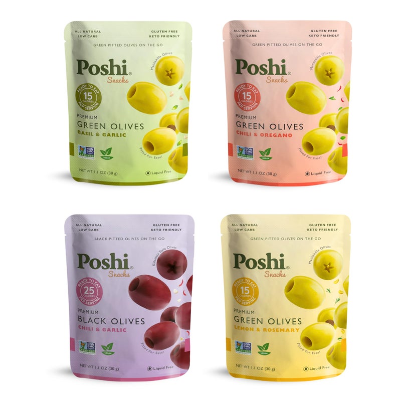 Poshi Natural Whole Pitted Olives  24 Pack Variety  Basil  Garlic Chili  Oregano Chili  Garlic Lemon  Rosemary  Vegan Kosher Gluten Free  Keto Friendly Healthy Snacks 11 Oz Pack of 24 - Image 3