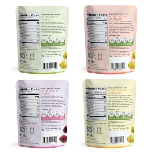 Poshi Natural Whole Pitted Olives  24 Pack Variety  Basil  Garlic Chili  Oregano Chili  Garlic Lemon  Rosemary  Vegan Kosher Gluten Free  Keto Friendly Healthy Snacks 11 Oz Pack of 24 - Image 5