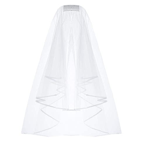 ZIYAN White Double Ribbon Edge Center Cascade Bridal Wedding Veil with Comb - Image 1