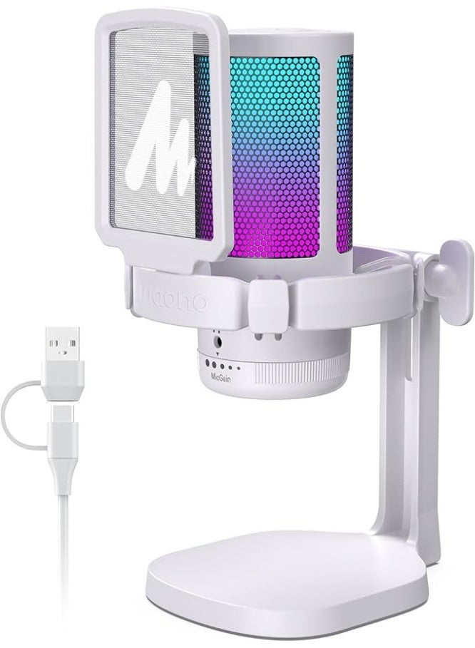 Maono Maunu USB Condenser Gaming Microphone for PC, Mac, Laptop, PlayStation 4 & 5 with Noise Cancellation, Color Lighting, Mute, Gain, Streaming Monitoring, Podcasts, Twitch, YouTube, Discord, and DM20, White - Image 1