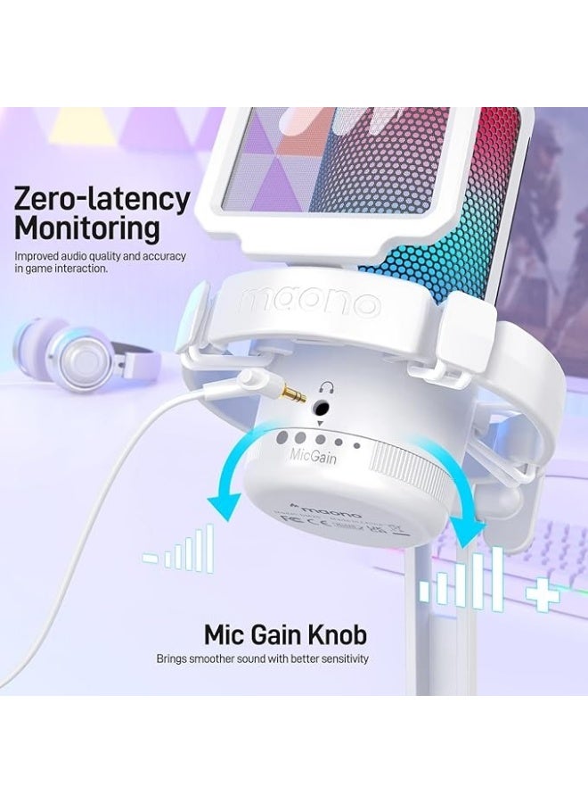 Maono Maunu USB Condenser Gaming Microphone for PC, Mac, Laptop, PlayStation 4 & 5 with Noise Cancellation, Color Lighting, Mute, Gain, Streaming Monitoring, Podcasts, Twitch, YouTube, Discord, and DM20, White - Image 5