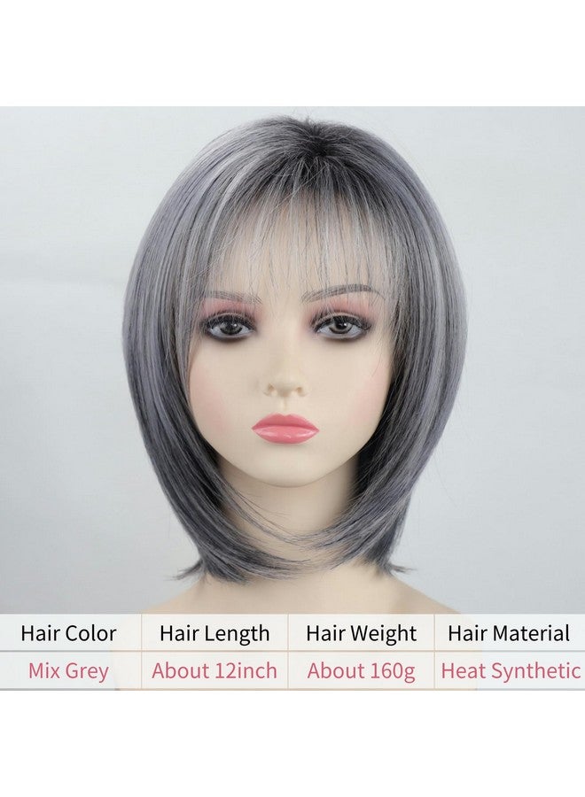 RENERSHOW Ombre Grey Highlight Layered Short Bob Wig With Bangs For White Women Synthetic Salt And Pepper Wig Chin Length Mix Gray Straight Bob Wig For Daily Party - Image 2