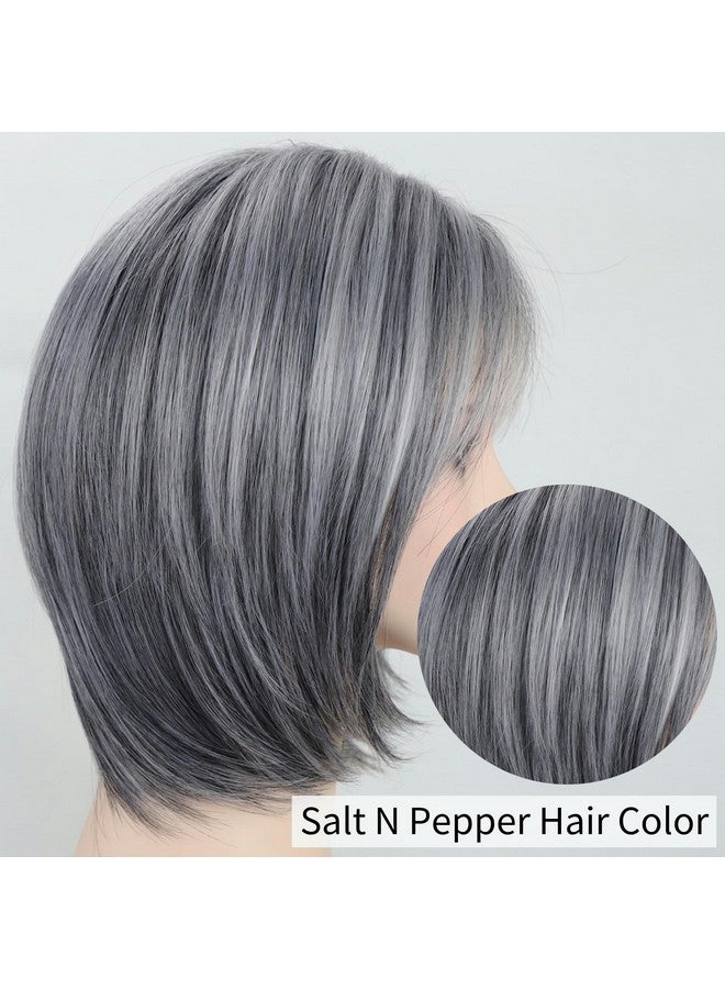 RENERSHOW Ombre Grey Highlight Layered Short Bob Wig With Bangs For White Women Synthetic Salt And Pepper Wig Chin Length Mix Gray Straight Bob Wig For Daily Party - Image 3