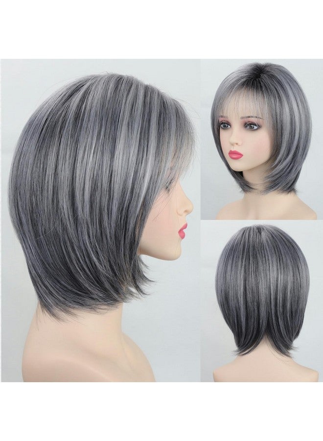 RENERSHOW Ombre Grey Highlight Layered Short Bob Wig With Bangs For White Women Synthetic Salt And Pepper Wig Chin Length Mix Gray Straight Bob Wig For Daily Party - Image 1