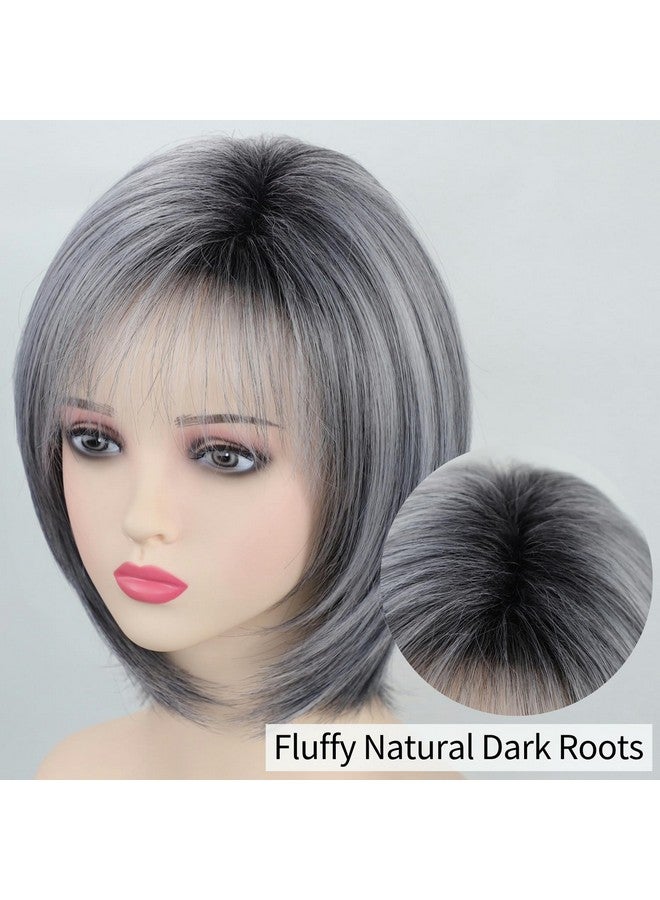 RENERSHOW Ombre Grey Highlight Layered Short Bob Wig With Bangs For White Women Synthetic Salt And Pepper Wig Chin Length Mix Gray Straight Bob Wig For Daily Party - Image 4