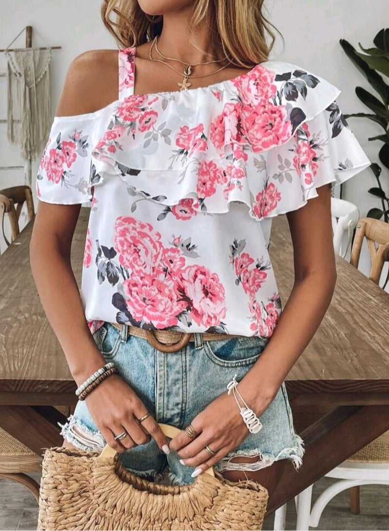 Shein SHEIN Women's Bohemian Style Floral Print Patchwork Ruffle Asymmetrical Neck Blouse  - Image 1