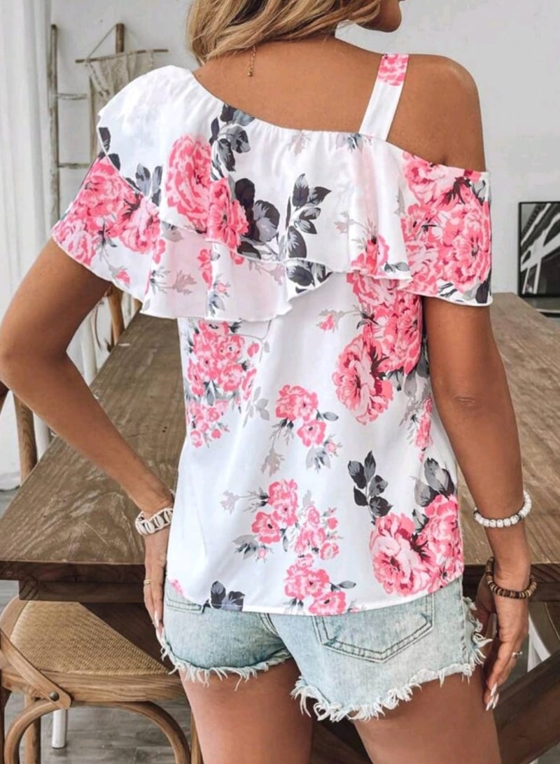 Shein SHEIN Women's Bohemian Style Floral Print Patchwork Ruffle Asymmetrical Neck Blouse  - Image 2