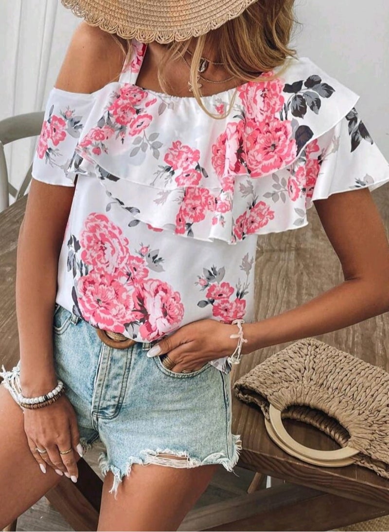 Shein SHEIN Women's Bohemian Style Floral Print Patchwork Ruffle Asymmetrical Neck Blouse  - Image 4