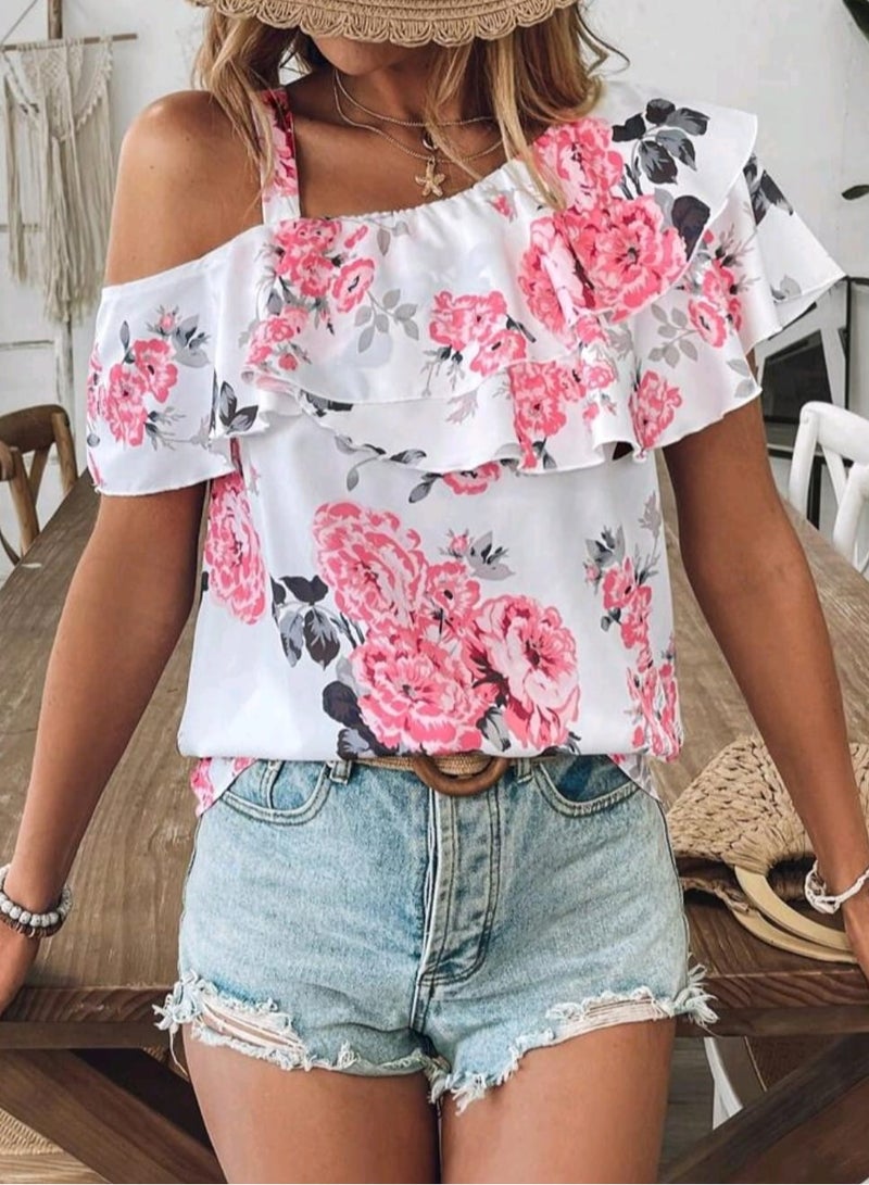 Shein SHEIN Women's Bohemian Style Floral Print Patchwork Ruffle Asymmetrical Neck Blouse  - Image 5
