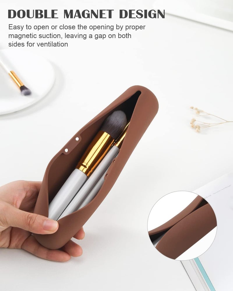 INOVERA (LABEL) Silicone Makeup Brush Holder - Cosmetic Face Brushes Pouch - Magnetic Anti-Fall Out Makeup Organizer for Travel Dark Brown 6 cm Width - Image 4