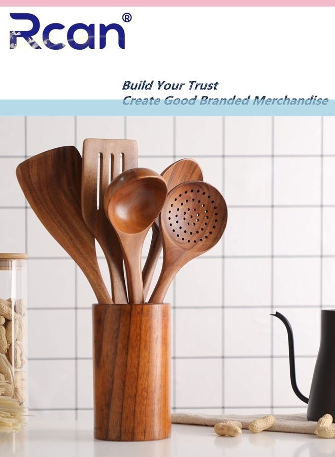 Rcan Wooden Kitchen Utensils Set 6Pcs Natural Teak Wooden Spoons For Non Stick Pan for Cooking Includes Spoons Ladles Strainer Spoon Salad Fork Mixing Spoon - Image 5