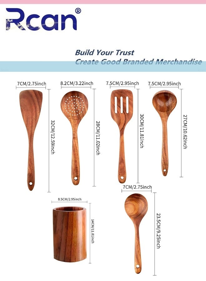 Rcan Wooden Kitchen Utensils Set 6Pcs Natural Teak Wooden Spoons For Non Stick Pan for Cooking Includes Spoons Ladles Strainer Spoon Salad Fork Mixing Spoon - Image 2