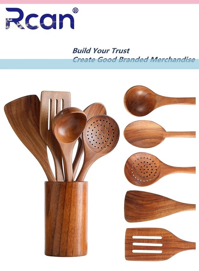 Rcan Wooden Kitchen Utensils Set 6Pcs Natural Teak Wooden Spoons For Non Stick Pan for Cooking Includes Spoons Ladles Strainer Spoon Salad Fork Mixing Spoon - Image 1