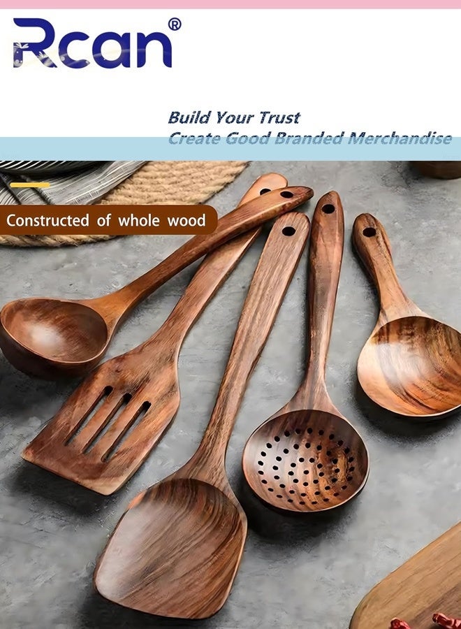 Rcan Wooden Kitchen Utensils Set 6Pcs Natural Teak Wooden Spoons For Non Stick Pan for Cooking Includes Spoons Ladles Strainer Spoon Salad Fork Mixing Spoon - Image 4